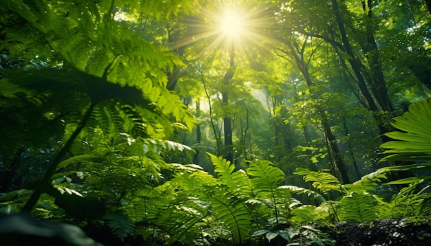 Sunlight streaming through trees in a lush forest