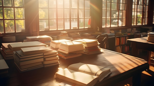 Sunlight streaming through a window casting a warm glow on textbooks