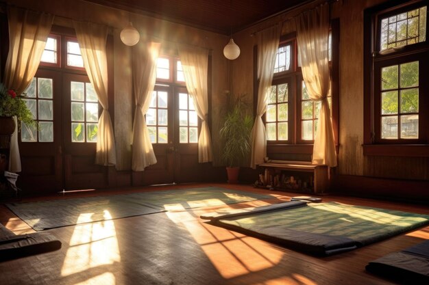 Sunlight streaming through windows onto empty yoga mats created with generative ai