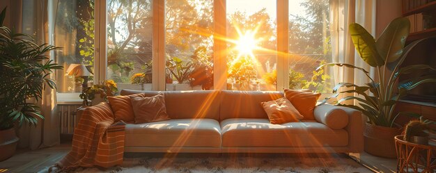 Foto la luce solare scorre attraverso grandi finestre proiettando un caldo bagliore su un accogliente soggiorno concept decorazione della casa disegno interno accogliente luce naturale ambiente caldo spazi abitativi confortevoli
