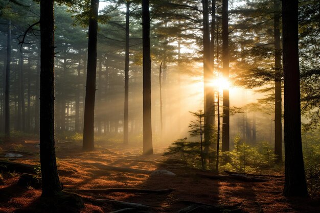 Sunlight Streams Through Trees in Forest Dawn Generative Ai