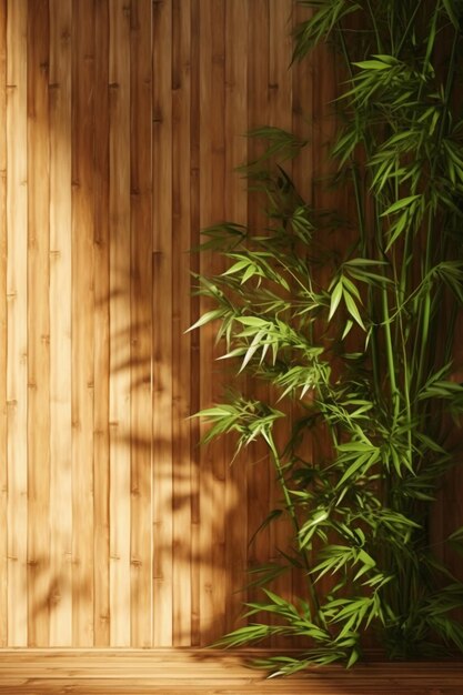 Sunlight of tropical bamboo tree leaf shadow on brown wooden panel wall with wood grain ai generati