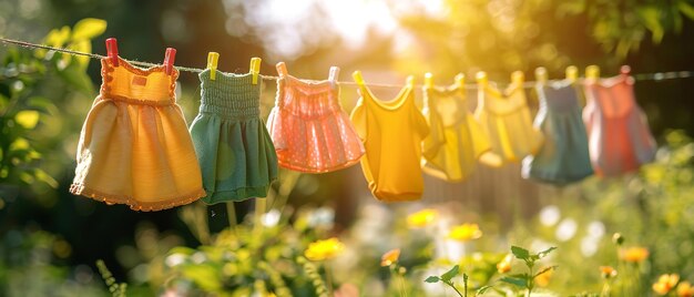 Sunlight and verdant trees flank a clothesline with dresses dangling from it against a blurry backdrop with space for text or product Generative AI