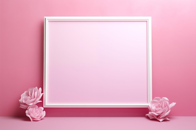 Sunlight and white blank frame for photo with shadow on pink wall