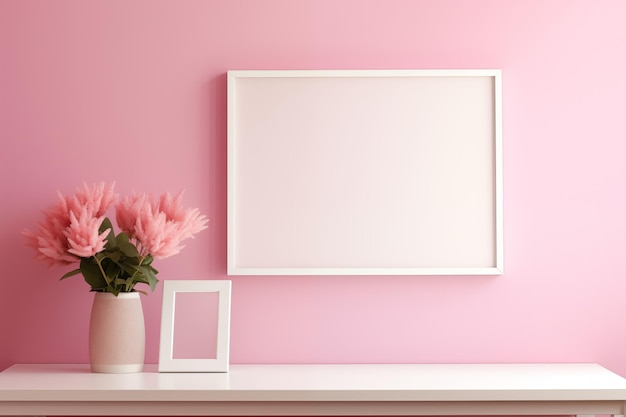 Sunlight and white blank frame for photo with shadow on pink wall