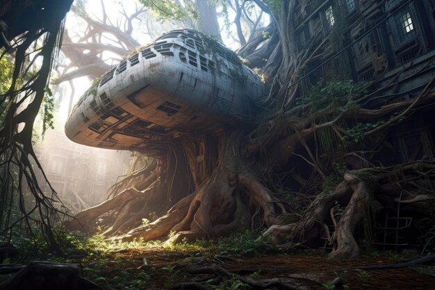 Sunlit abandoned spaceship entangled in tree roots created with generative ai