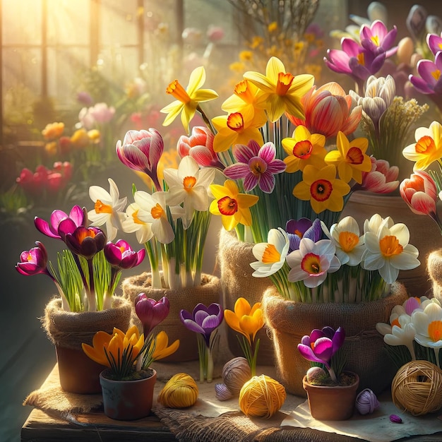 Фото Солнечный ассортимент весенних цветов крокусов и нарциссов в горшках