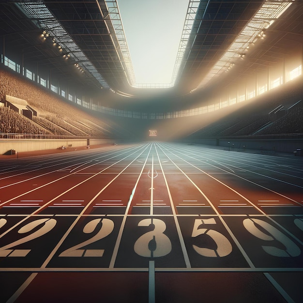 Sunlit athletic stadium with running tracks