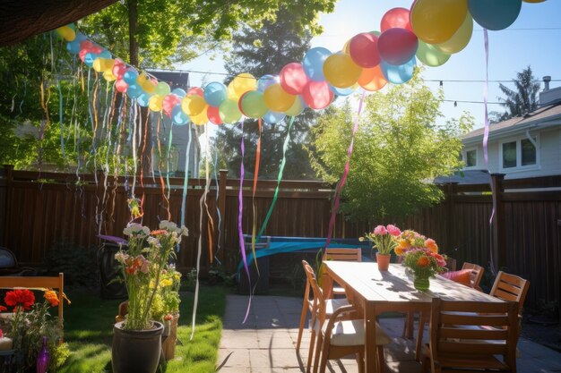 Photo sunlit backyard filled with balloons and streamers