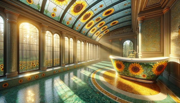 A sunlit bathroom in the mansion where golden rays illuminate the sunflowerthemed stained glass walls and the shimmering mosaic floor AI Generated