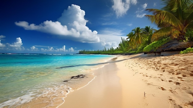 Sunlit beach getaway with lush trees
