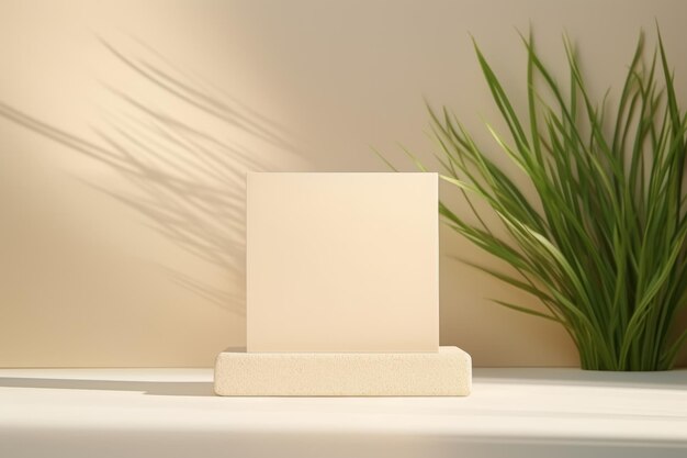 Sunlit Beige Square Stand A 3D Podium for Unique Product Demonstrations with Juicy Grass Shadows