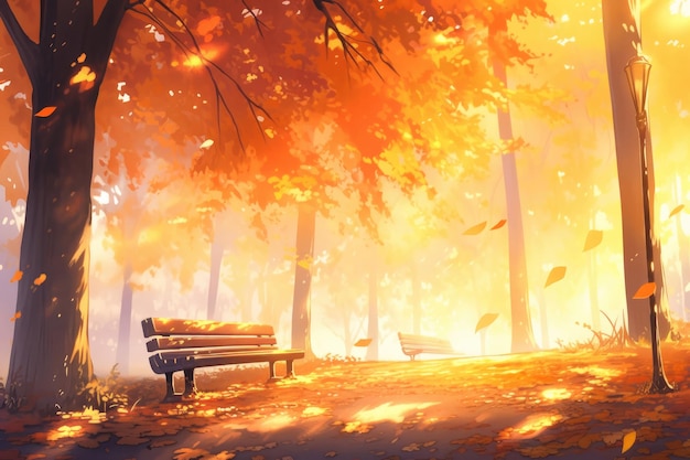 Sunlit bench in autumn park with falling golden leaves Digital illustration generative AI