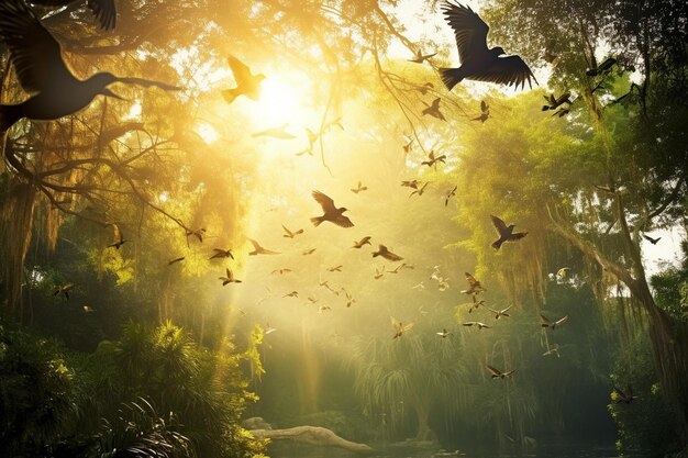 Photo sunlit bird sanctuary with flying birds