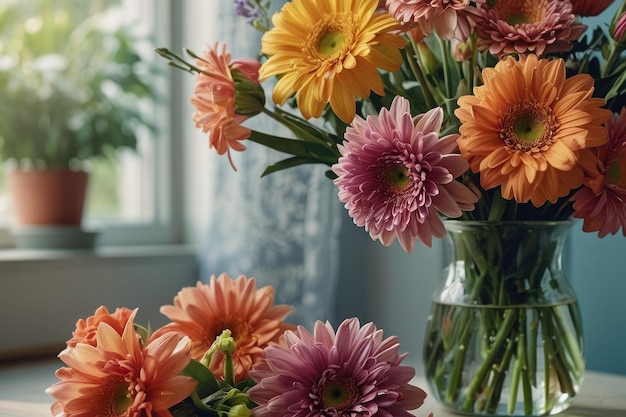 Photo sunlit blossoms by the window