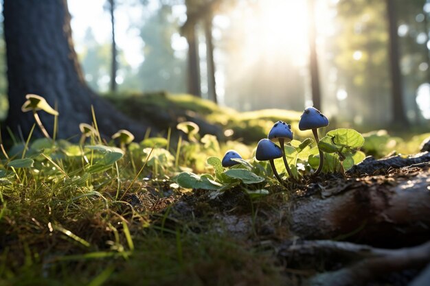 Sunlit Blue Flowers and Mushrooms in Norwegian Woods