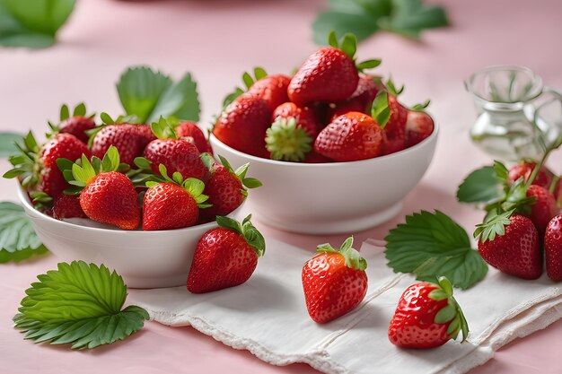 Sunlit bowl of fresh strawberries on outside table with summer foliage in background Macro with shallow dof