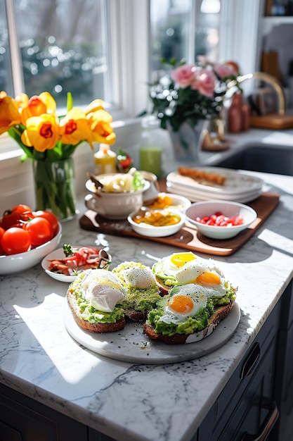 Солнечный завтрак с яйцом на тосте авокадо, расположенный в зелени, идеально подходит для кулинарии.
