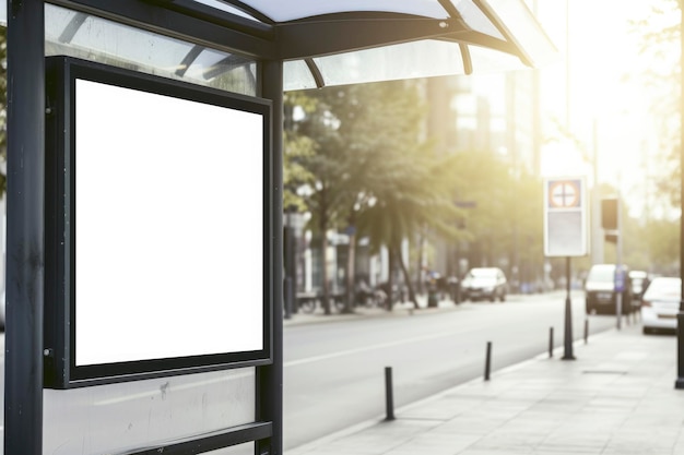 Foto sunlit bus shelter advertising billboard mockup op city street