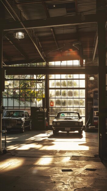 Photo a sunlit car garage with industrial aesthetics ai generated illustration