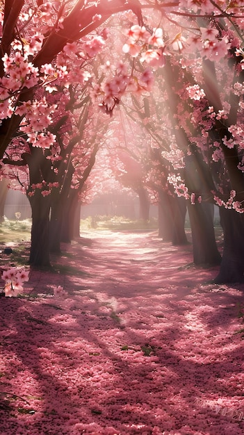 Sunlit Cherry Blossom Pathway