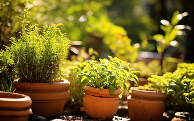 Sunlit Clay Pot Herb Garden