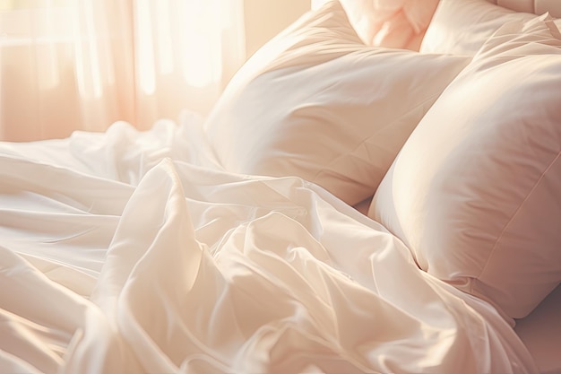 신선한 흰색 리넨이 깔린 잘 정돈된 침대가 햇빛을 받으며 닫혀 있습니다.