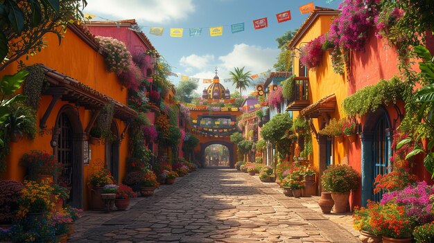 A sunlit cobblestone street lined with bright orange buildings adorned with lush bougainvillea