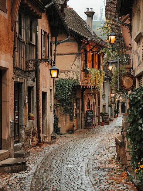 Photo a sunlit cobblestone walkway flanked by historic houses and blooming flowers inviting a leisurely stroll through cultural richness