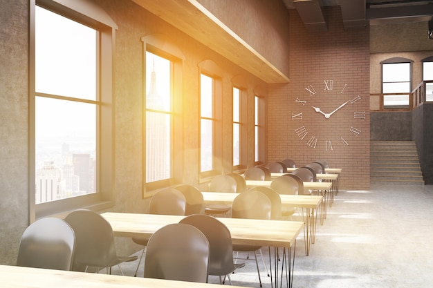 Sunlit coffee shop with clocks