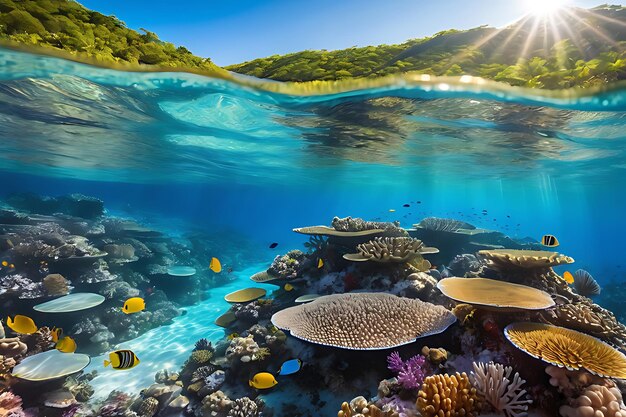 Foto una barriera corallina illuminata dal sole con acque blu e una vita marina diversificata