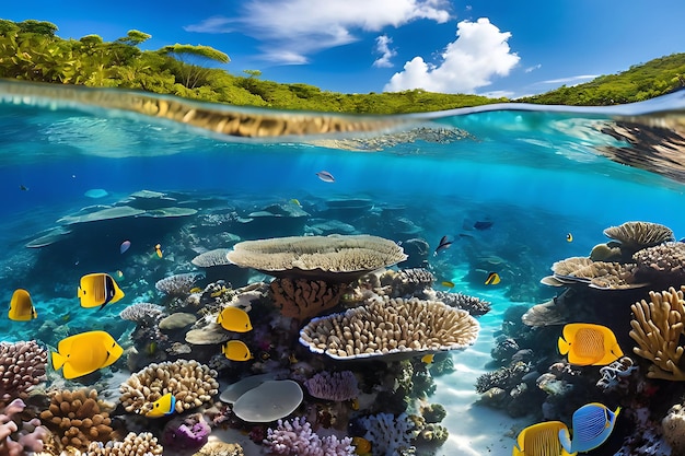 Photo sunlit coral reef with blue water and diverse sea life