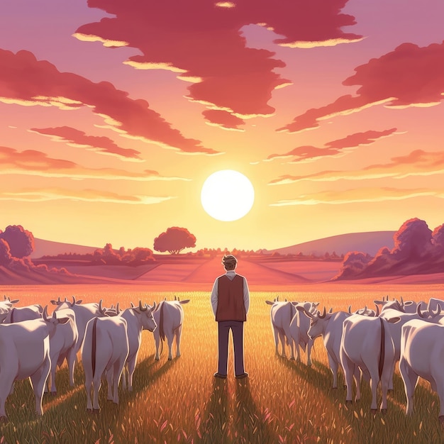 夜明けの野原で太陽に照らされた牛が男性を囲むイラスト 生成 AI