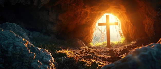 Foto una croce illuminata dal sole in una grotta simbolo di speranza e fede nella risurrezione di gesù cristo