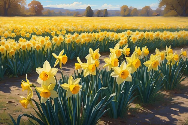 Foto pittura digitale vibrante in un campo di narcissi illuminato dal sole