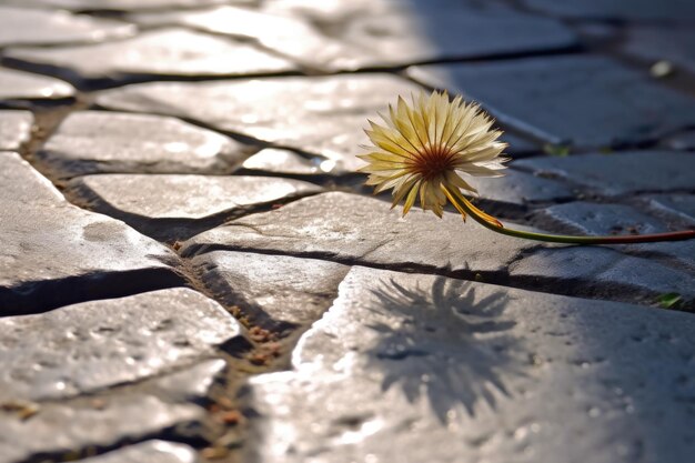 Sunlit dandelion in cracked pavement with shadows