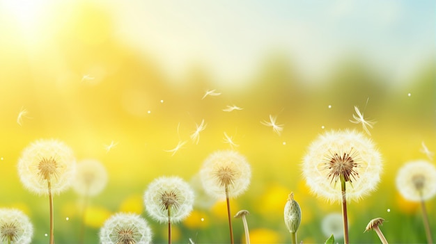 Sunlit dandelions with floating seeds against a vibrant yellow backdrop symbolizing spring