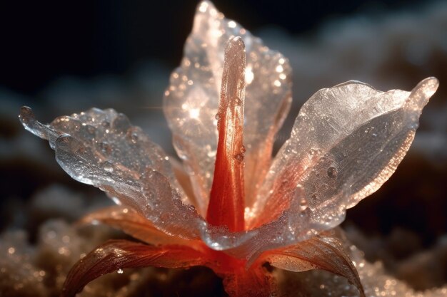 Foto polvere di diamante illuminata dal sole su un petalo di fiore smerigliato creato con l'ia generativa