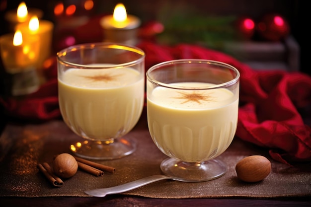 Sunlit eggnog in glass cups with festive ribbon created with generative ai