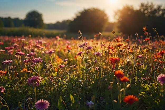 太陽に照らされた花の畑