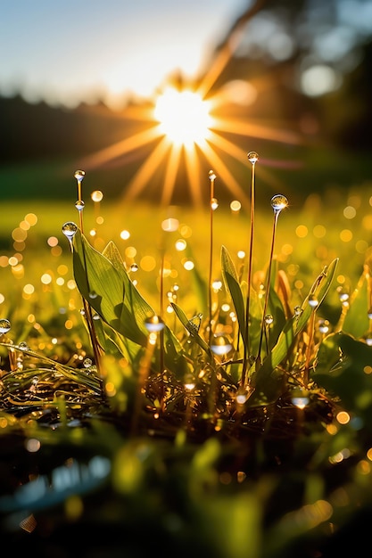 Sunlit field of fresh green grass with dew drops closeup A wonderful artistic image of the purity and freshness of nature Generative AI