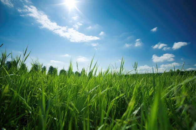 Sunlit field of grass with a bright sky in the background Generative AI