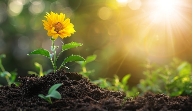 Sunlit Flower Blooming in Fresh Soil