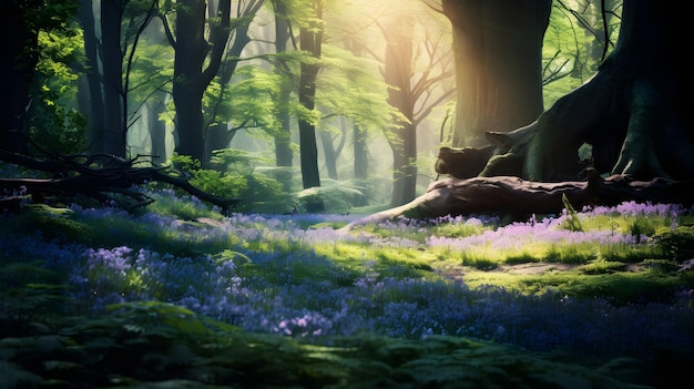 A sunlit forest carpeted with bluebells creating a magical and enchanting spring scene