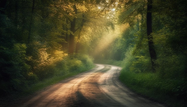 Sunlit forest path vanishes into autumn mystery generated by AI