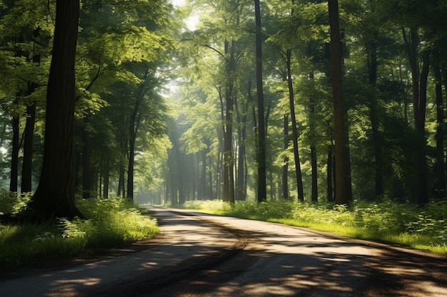 A sunlit forest road surrounded by lush greenery a 00501 01