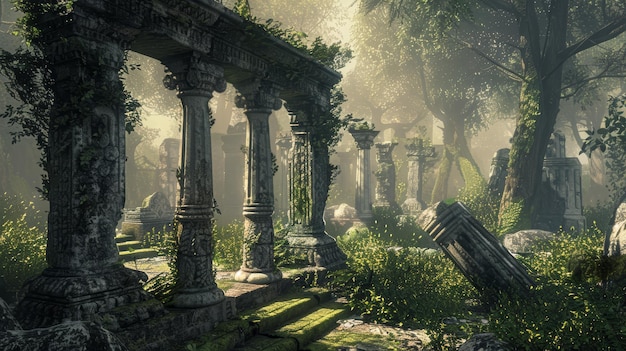 Photo sunlit forest ruins covered in moss peaceful ancient architecture with nature reclaiming