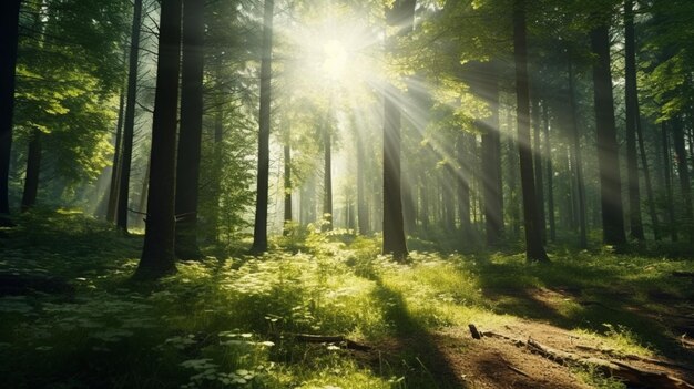 Залитый солнцем лес с солнечными лучами, проникающими сквозь деревья Генеративный ИИ