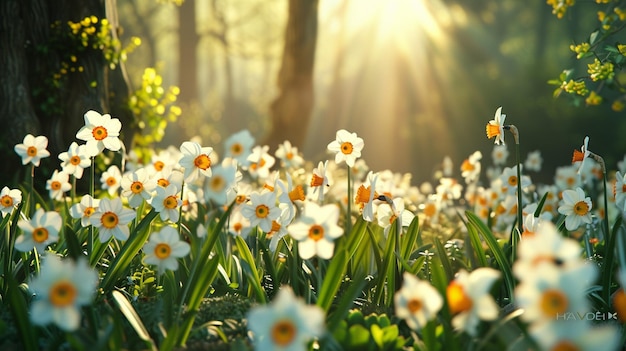 Foto un giardino illuminato dal sole, narcisi vivaci e fiori primaverili allegri