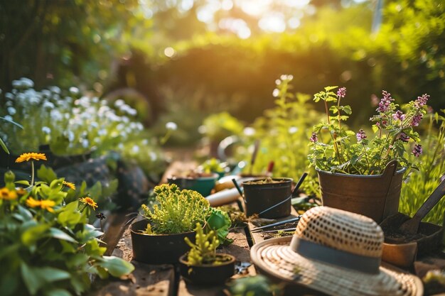 Залитый солнцем сад с садовыми инструментами, растениями и цветами
